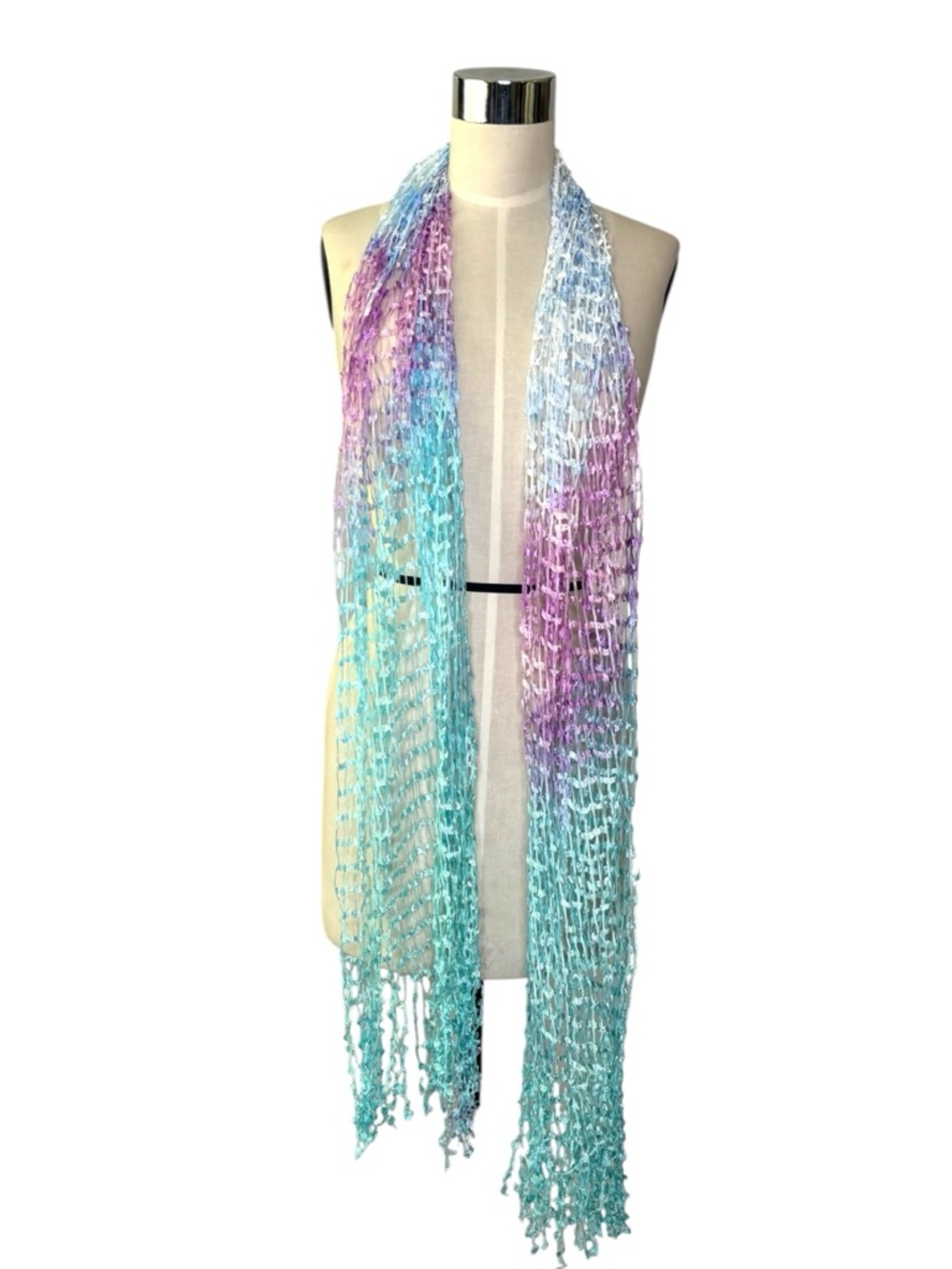 Handwoven Gradient Aqua‎ & Lavender Open-Knit Silk Scarf